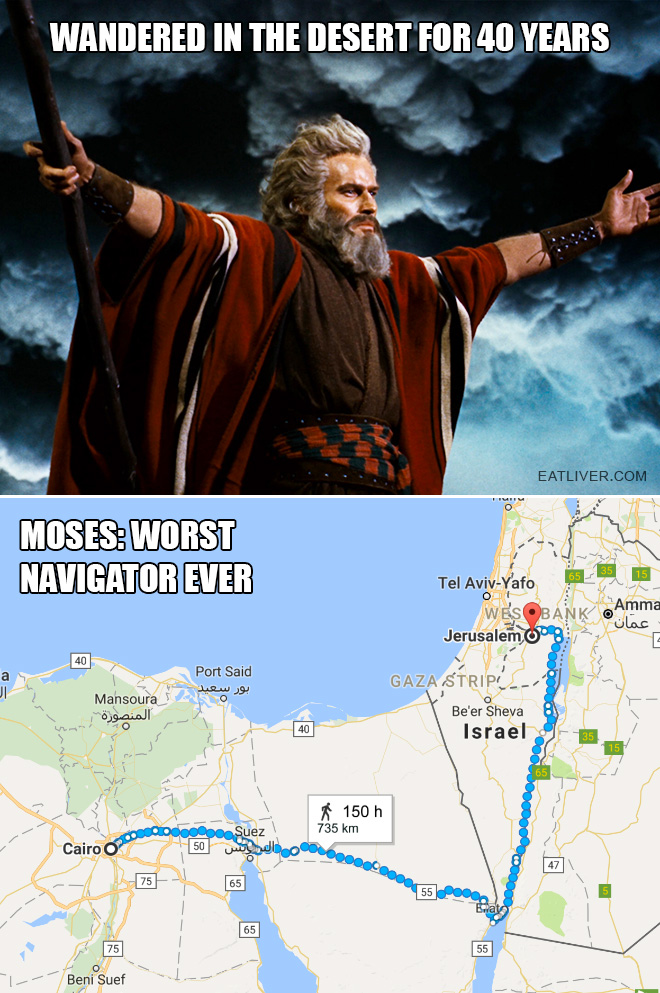 Image with Moses and a map: worst navigator ever for traveling 40 years in the wilderness when the map shows you could walk the distance in 150 hours