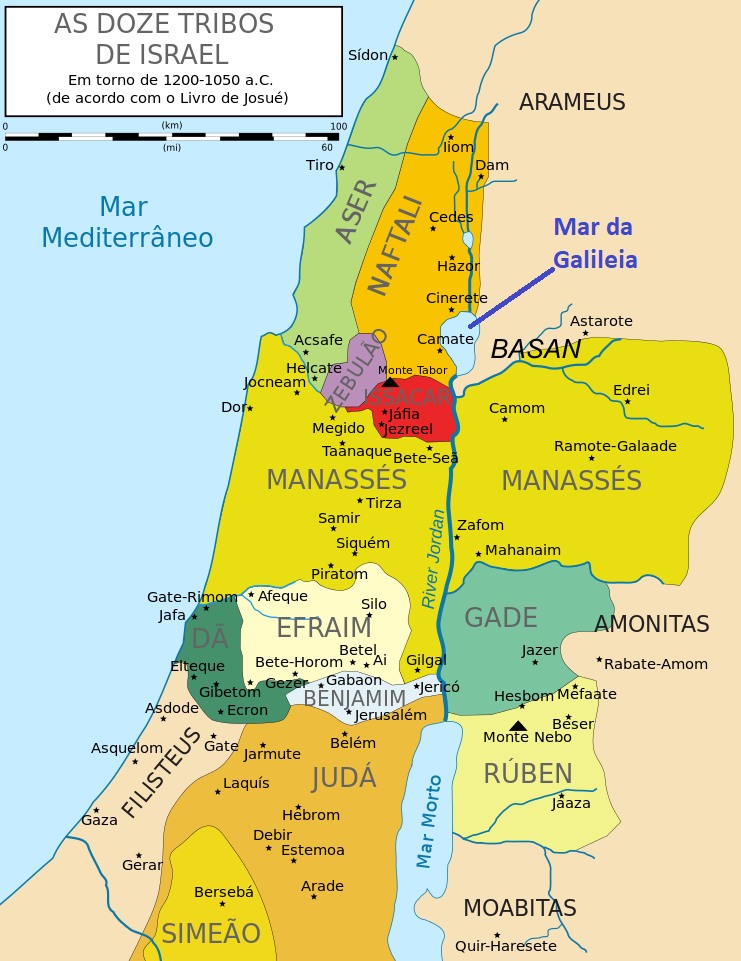 Mapa de 12 tribos de Israel por volta de 1200-1050 AC